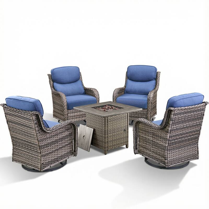 Pocassy Outdoor Propane Fire Pit Table with Sofa Swivel Chair Funiture Set.