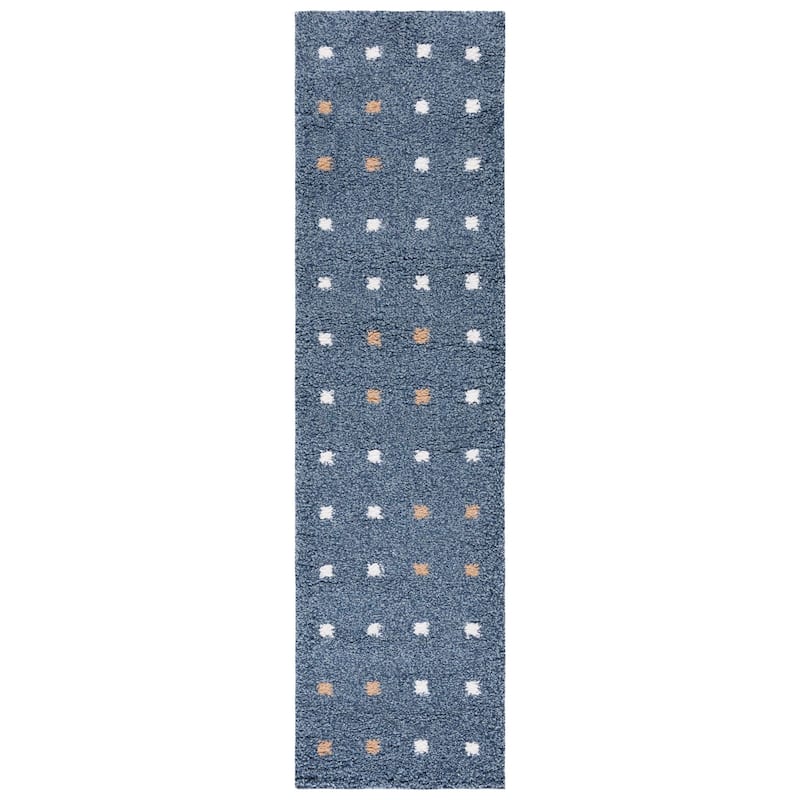 SAFAVIEH, Calico Shag Ruhama Polka Dot 1.6-inch Thick Rug - 2'2" x 8' Runner - Blue/Ivory