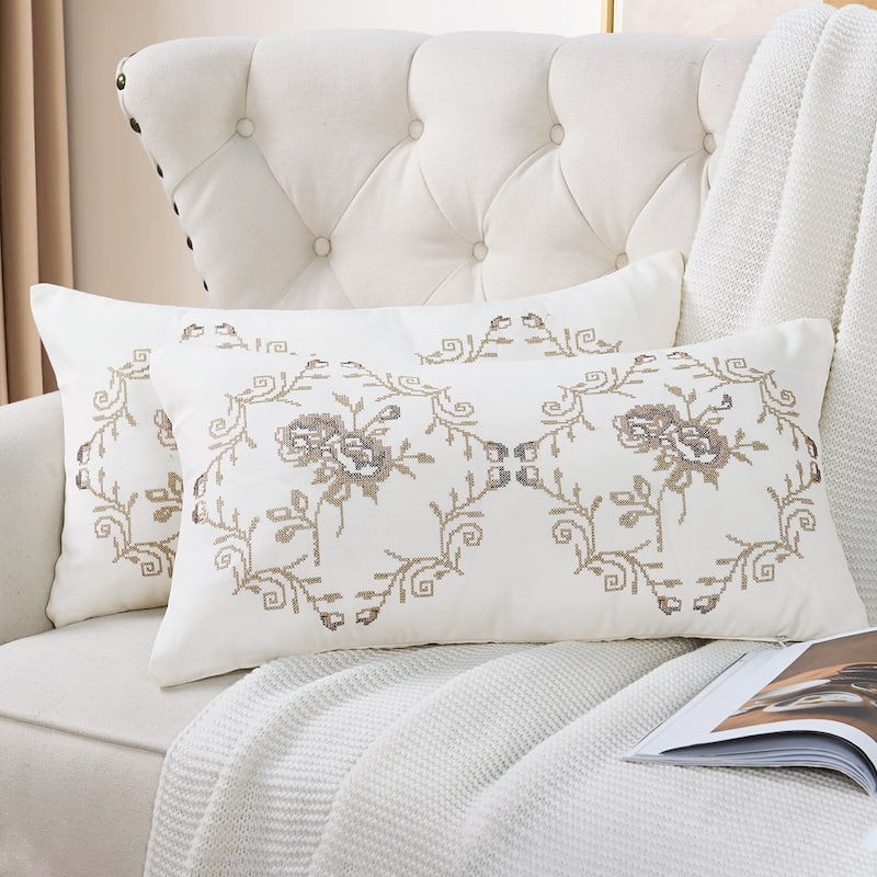 Canvas Pillow Shells with Rose Embellishments (Set of 2), NO INSERT - 14" x 26" - Taupe Rose