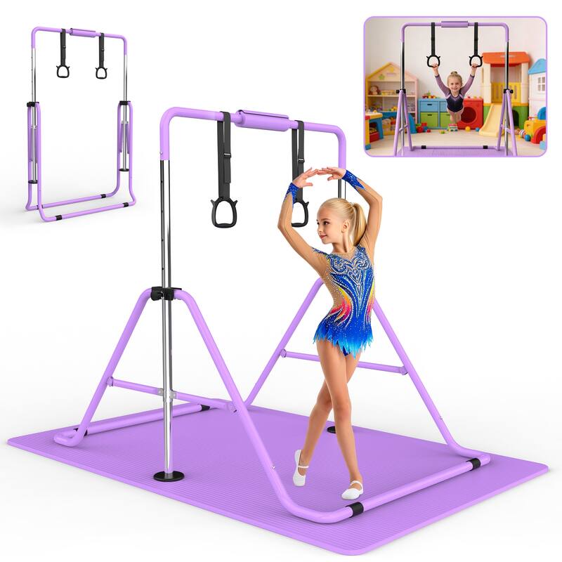 Gymnastics Bar for Kids, Gymnastics Horizontal Bar with Adjustable Height Foldable Training Bar with Mat for Home Practice