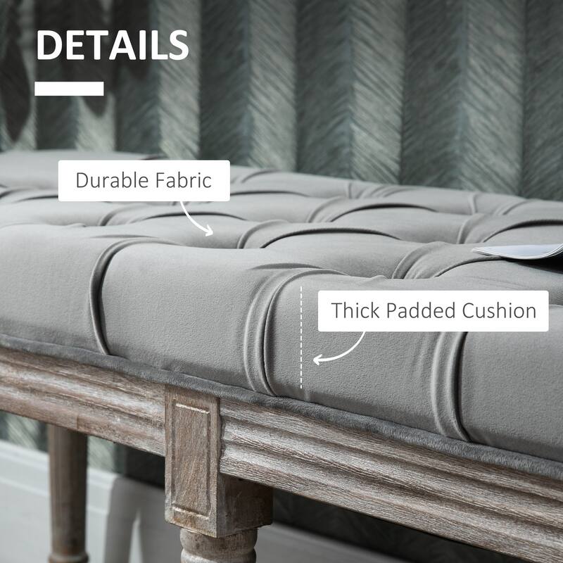 Grey Velvet Bench with Button-Tufted Cushion and Fluted Rubberwood Legs for Living Room - 56" W x 18.5" D x 20" H