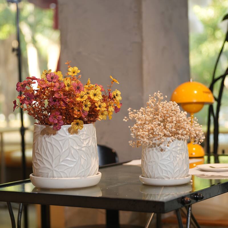 Set of 2 Handmade Modern Embossed Leaf Ceramic Planters with Saucers