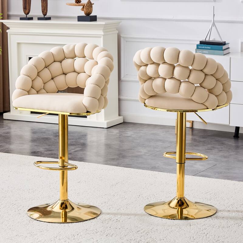 Set of 2 Beige Puffy Bubble Chair Velvet Bar Stools with Gold Legs, Tufted Adjustable Bar Chairs