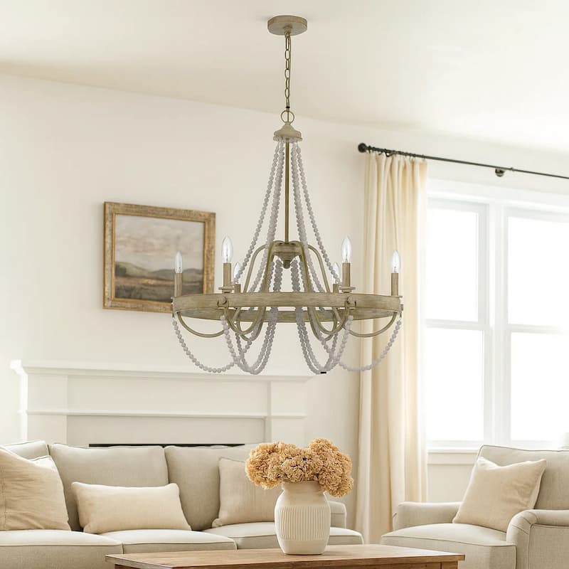 Maci 28 Inch Chandelier, White Beaded Candelabra Design, Brown Wood