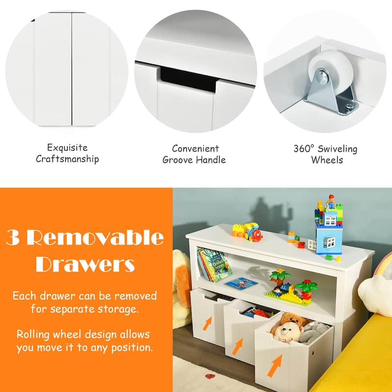 Storage Cabinet Toy Organizer with 3 Removable Drawers Rolling Wheels