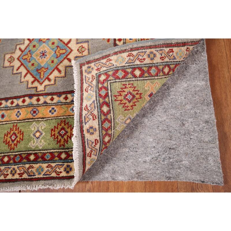 Geometric Grey Kazak Foyer Rug Hand-Knotted Wool Carpet - 3'5" x 4'10"