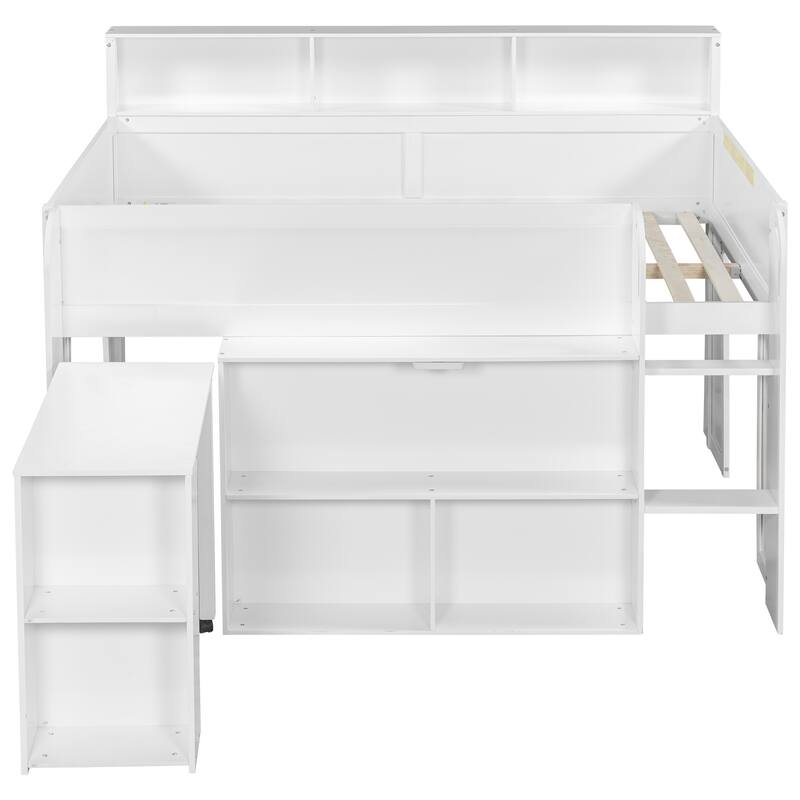 Full Size Wood Kids Loft Bed Frame with Pull-out Desk, Multiple Storage Bookshelf Built-in LED