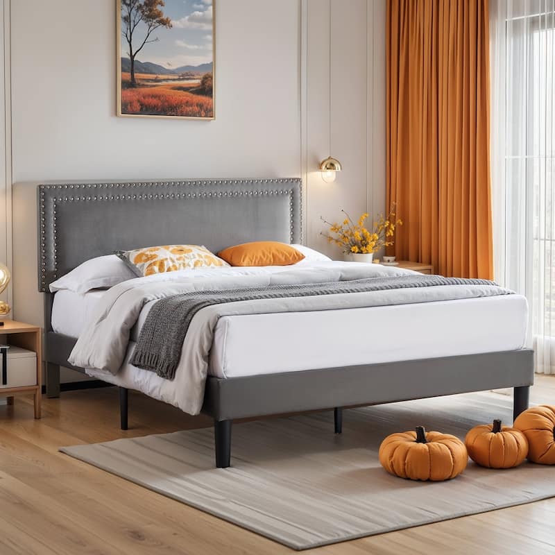 VECELO 3-Pieces Upholstered Platform Bed Frame with Adjustable Headboard and Nightstands Set of 2, Grey
