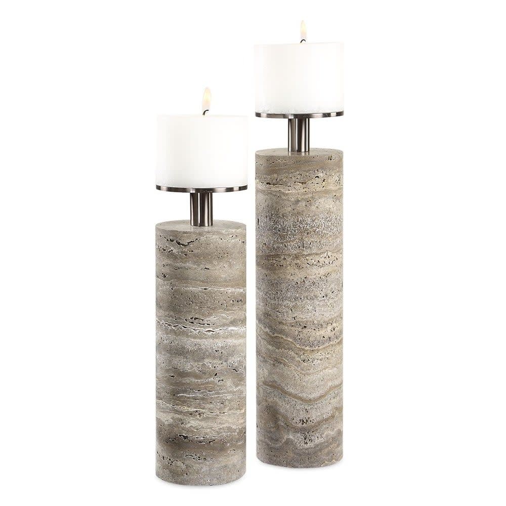 Uttermost 18186 Shadowstone Marble, Metal Table Pillar Candle Holder - - Dark Bronze / Gray