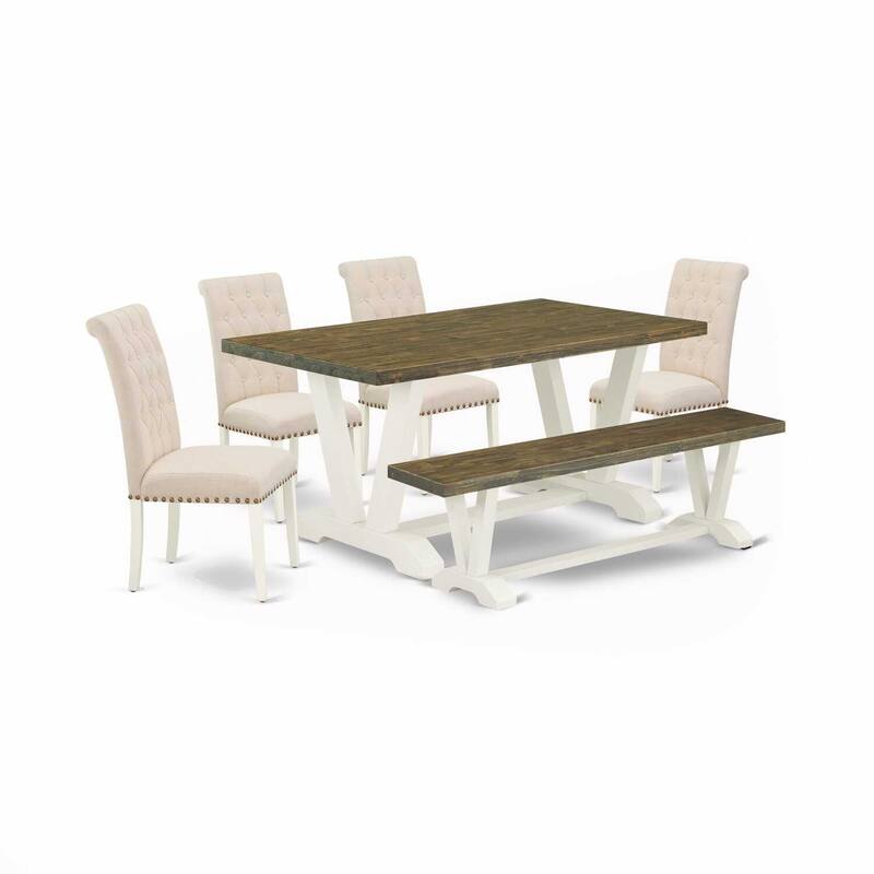HomeStock 6-Piece Natural Oak Finish Solid Wood Top dining Table with 1-Bench and 4-Chairs