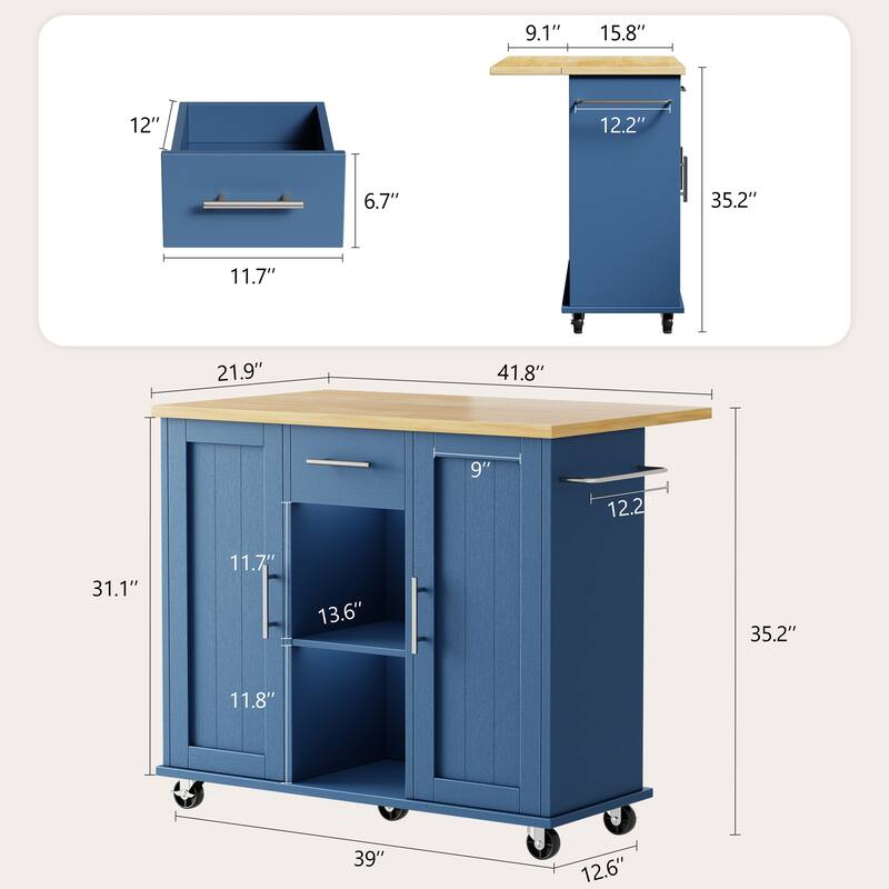 Rolling Kitchen Island Cart with Open Shelf & Drop Countertop - N/A