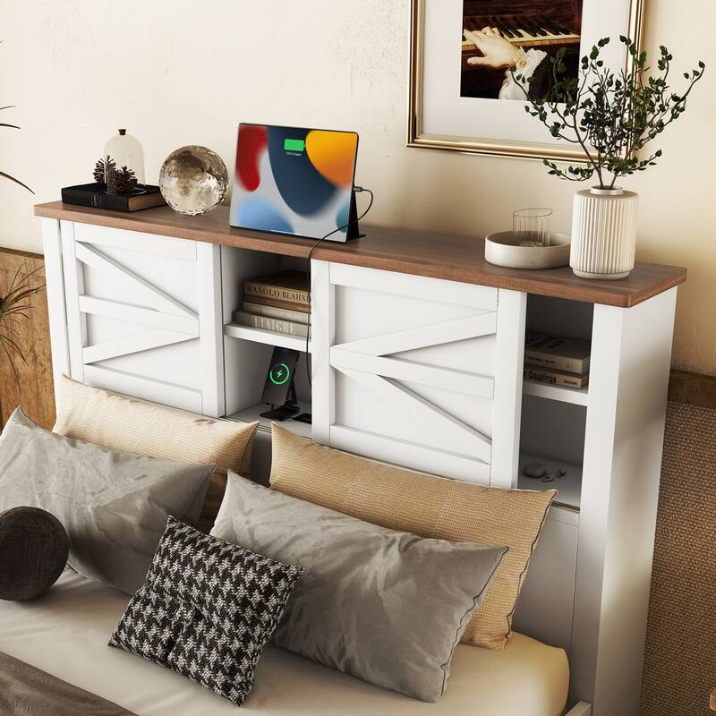 3-Pieces Bedroom Sets with Platform Bed, 1 Nightstand, 1 Dresser, Rustic Style, Charging Station, Storage Headboard, Slats