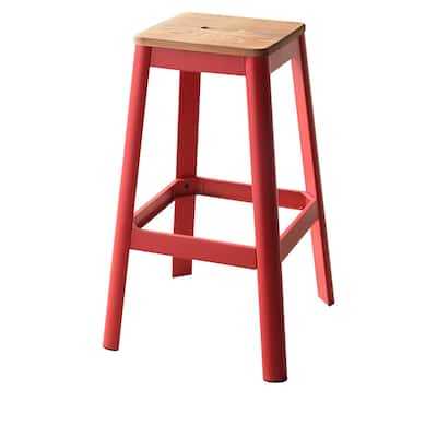 30 Inch Tall Bar Stool with Metal Frame and Wooden Seat, Heavy Duty Brown Red Dining Stool for Kitchen or Bar