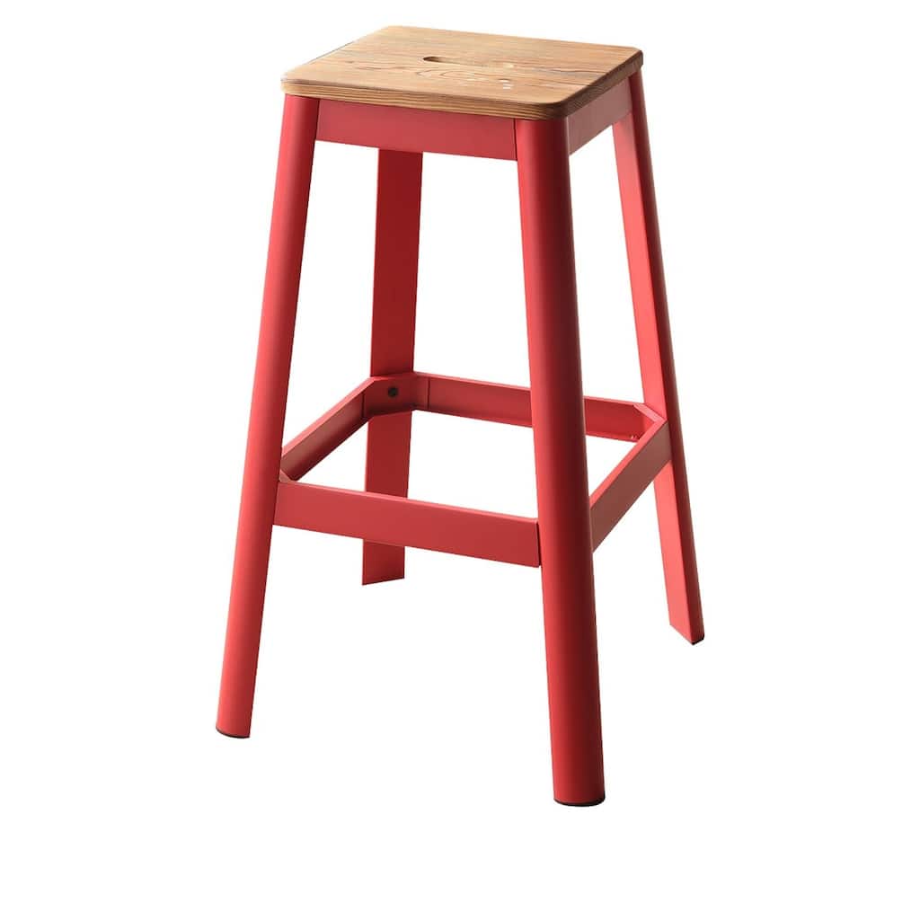 30 Inch Tall Bar Stool with Metal Frame and Wooden Seat, Heavy Duty Brown Red Dining Stool for Kitchen or Bar