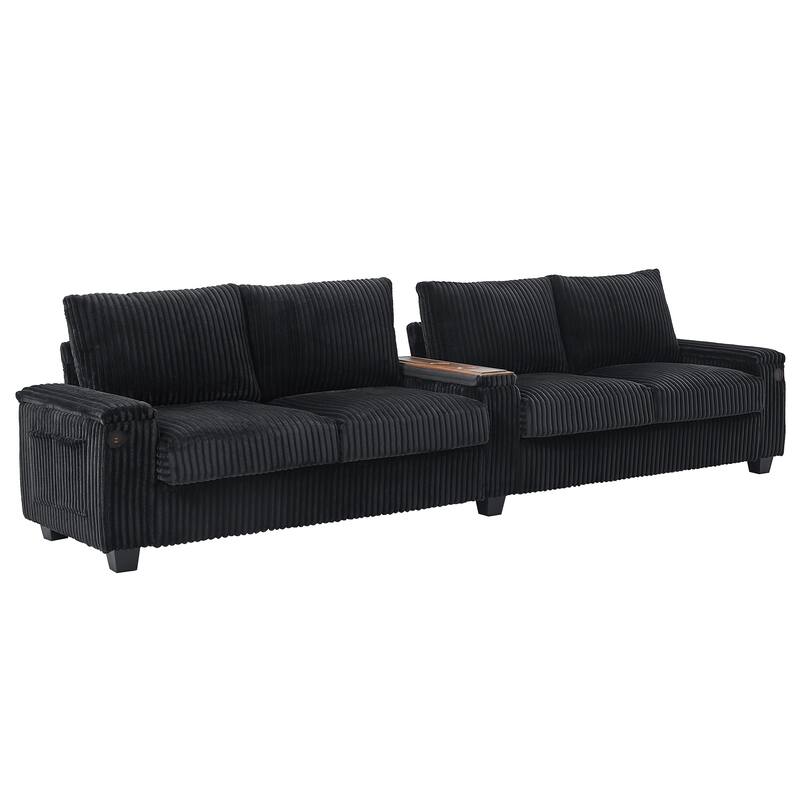 133" Corduroy 4-Seater Sofa with USB Ports, Hidden Storage Arms & Flip-Top Cup Holders