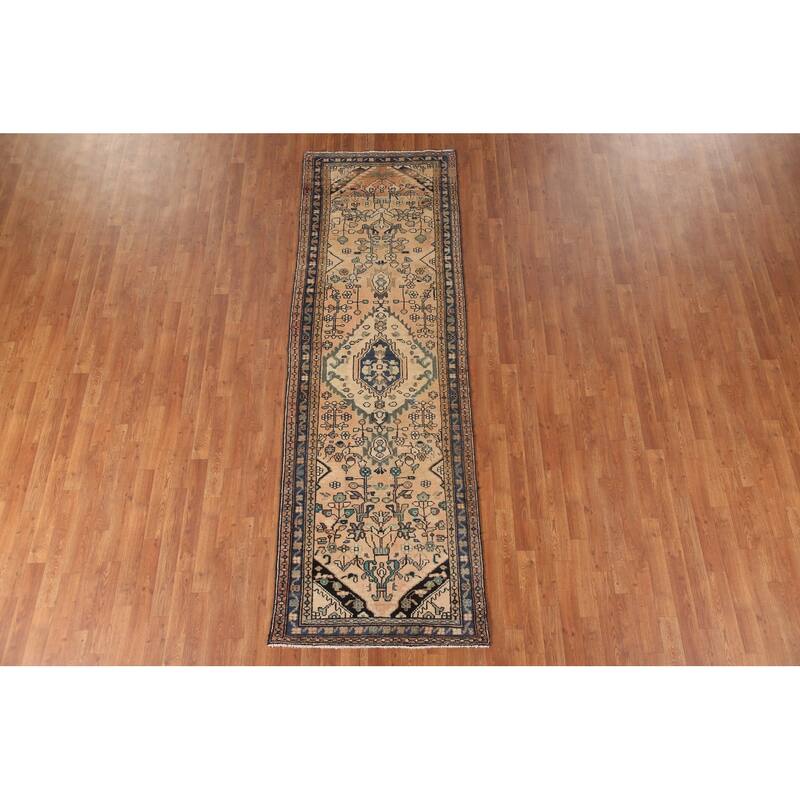 Hand Knotted Oriental 100% Wool Carpet Traditional Floral Peach Hamedan Runner Rug - 9' 7'' X 3' 1''
