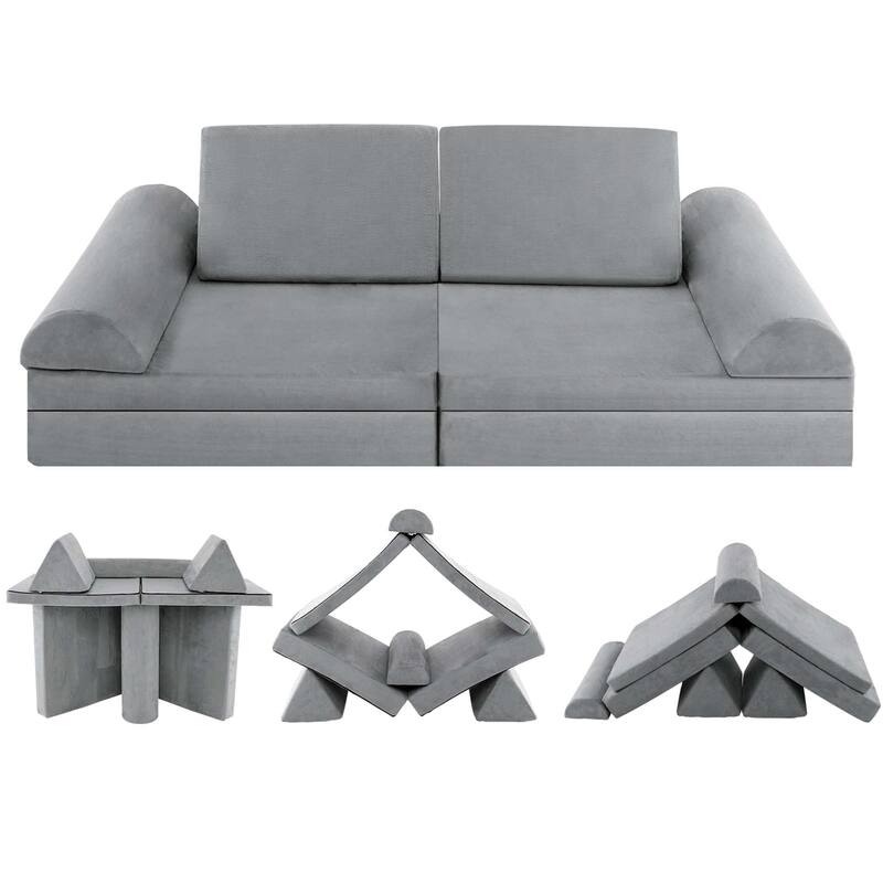 8PCS Kids Play Sofa Set Modular Folding Foam Couch Toddler Playset - Grey