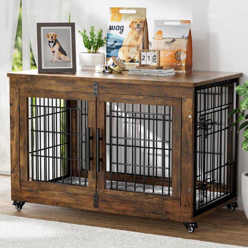 Dog Crate Furniture with Cushion Double Doors Wooden Dog Kennel