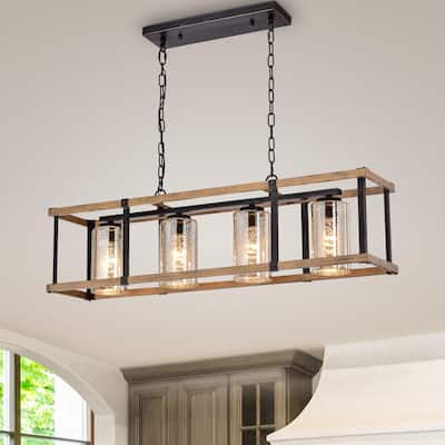 Corina Faux Wood Grain and Antique Black Glass Linear Chandelier