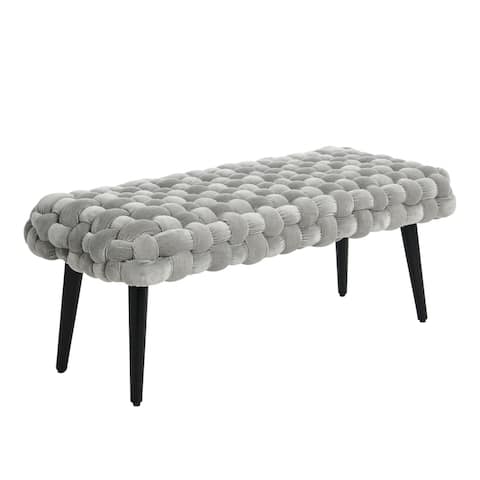 Chunky Woven Velvet Bench with Solid Wood Legs for Modern Boho Entryway, Bedroom, or Living Room Furniture, Gray & Black