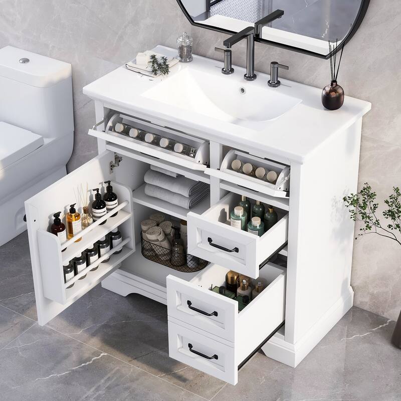 36'' Bathroom Vanity with Ceramic Sink, Solid Wood Frame Modern Storage Cabinet with Tip-Out Drawer & Soft Closing Doors
