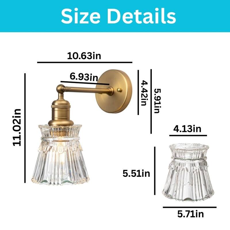 1 Light light bulb gold light fixture glass shade & metal base wall light