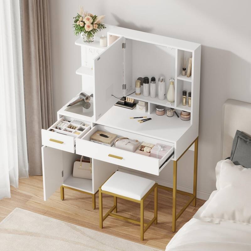 Vanity Table with LED Mirror, Stool, Shelves, Drawers, Cabinets, Charging Station