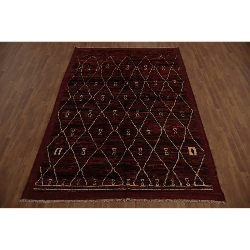 Hand Knotted Oriental 100% Wool Carpet Modern Geometric Red Moroccan Area Rug - 9' 11'' X 6' 10''