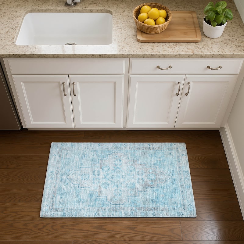 Premium Washable Super Soft Vintage Traditional Mayfield Rug - Sky - 1'8" x 2'6"