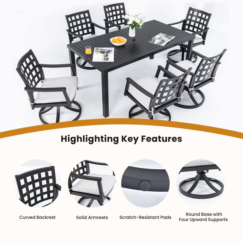 7-Piece Outdoor Aluminum Rectangular Dining Set with 6 Swivel Rocker Chairs, Sunbrella Fabric