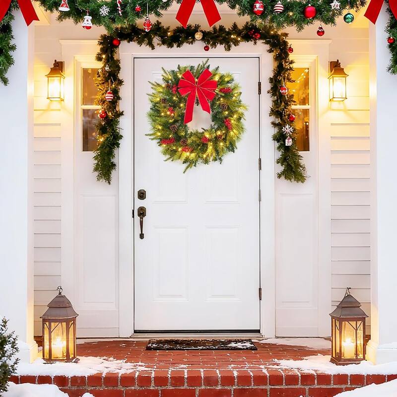 24 Inch Prelit Christmas Wreath for Front Door with Red Bow