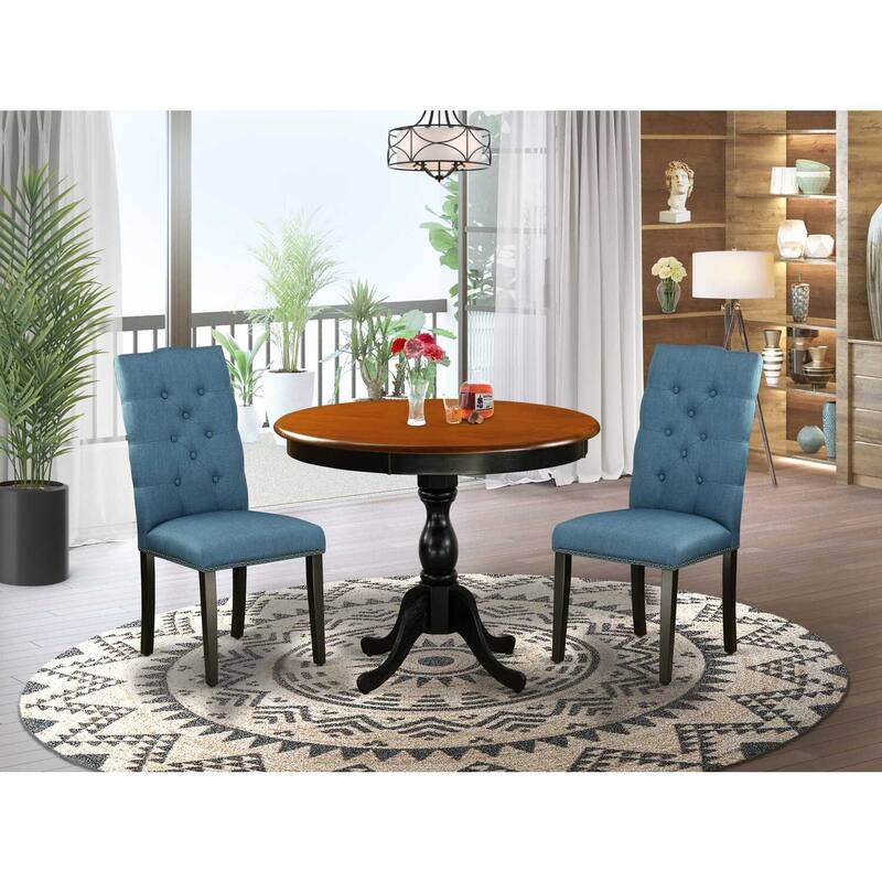 3-Piece Black and Cherry Finish Solid Wood Top - Button Tufted Dining Room Set - Seats 4