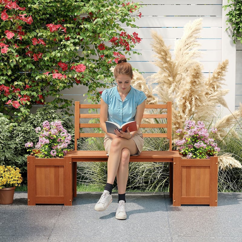Hardwood Planter Box with Bench for Garden Yard Balcony - 68" x 16" x 18" (L x W x H)