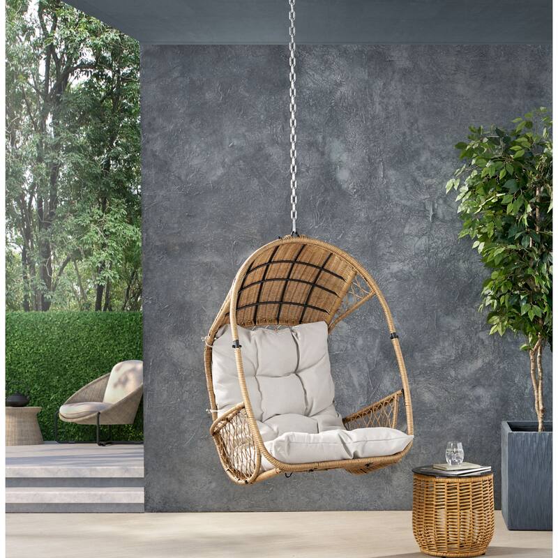 Roomfitters Outdoor Hanging Wicker Egg Chair, Teardrop Rattan Swing Seat with Plush Cushion and Steel Chain for Patio, Brown