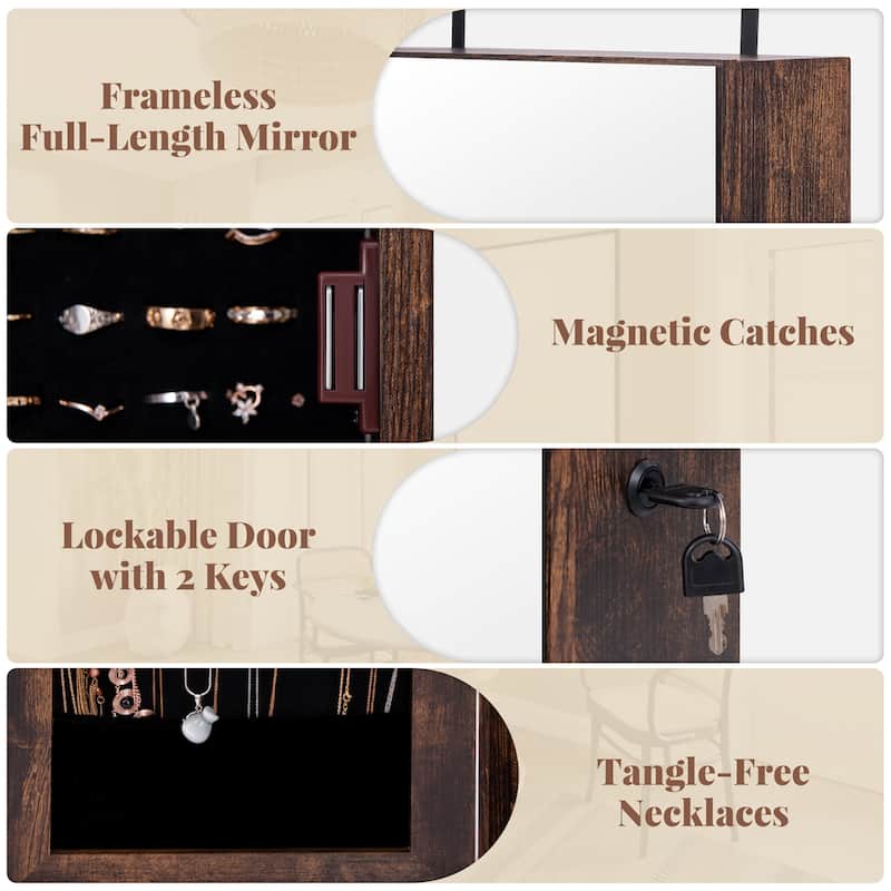 Gymax Mirror Jewelry Cabinet 96 LED Lights Wall Door Mounted Armoire