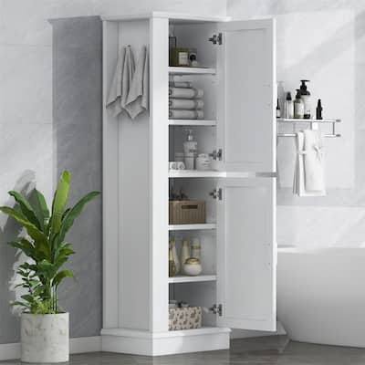 Freestanding Bathroom Storage Cabinet with 2 Doors and Hooks, Tall Bathroom Floor Cabinet with Adjustable Shelf