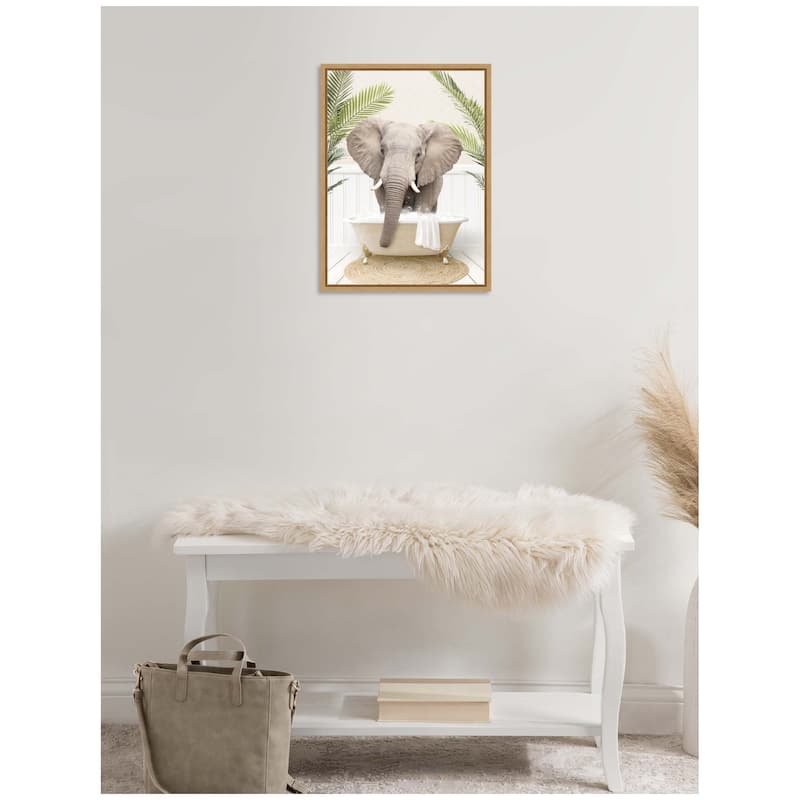 Kate and Laurel Sylvie Elephant Front Palm Bathtub Framed Canvas by Amy Peterson