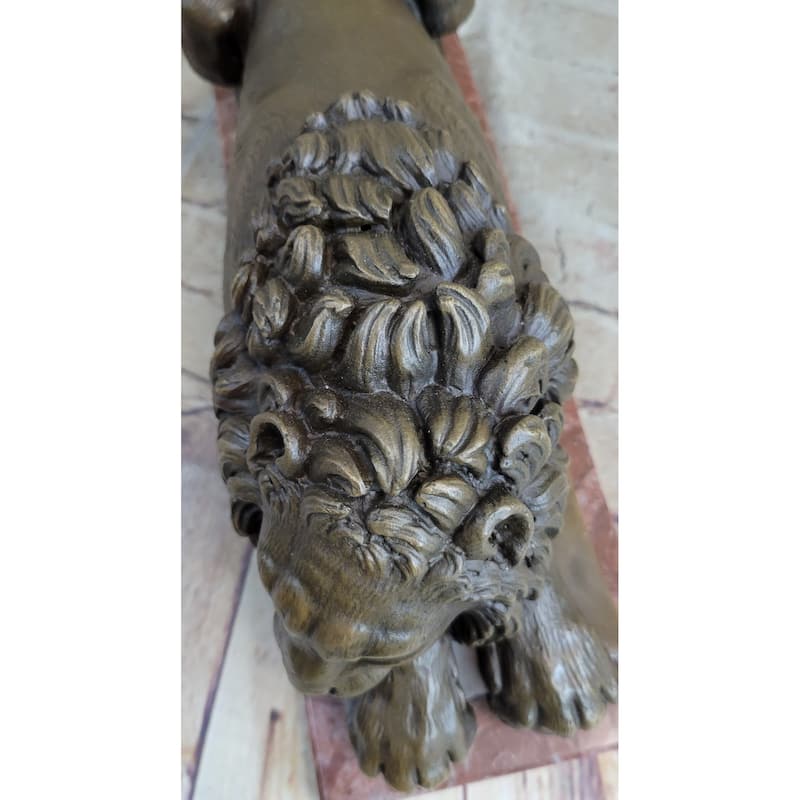 Guardian Lion Bronze Statue Sculpture Figure On Red Marble Base 7 Inches X 12.5 Inches