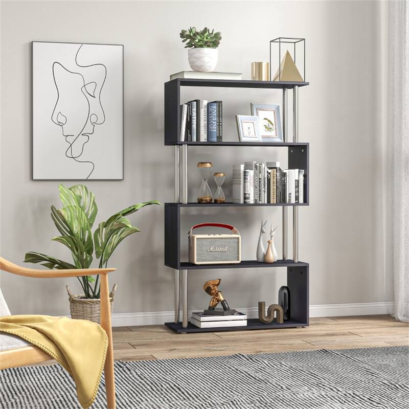 5 Tier Black Modern Design S-Shaped Bookcase Shelf Unit for Living Room Bedroom Office Decor - 31.5'L x 12" W x 57.25" H