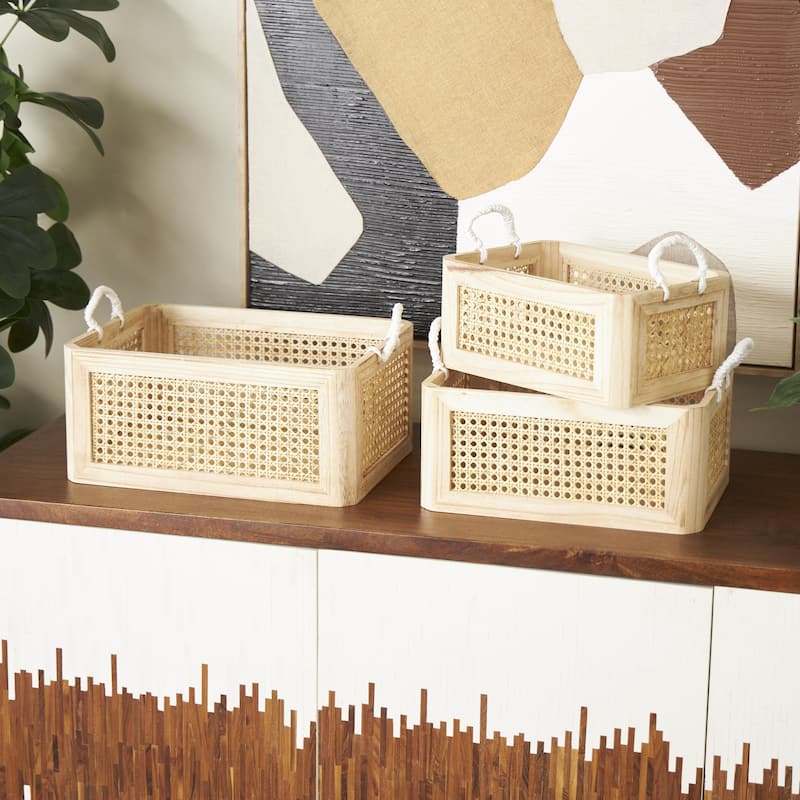 Rattan Woven Decorative and Functional Storage Basket with Rope Handles - Set of 3 Brown or Light Brown - Roche River Decor