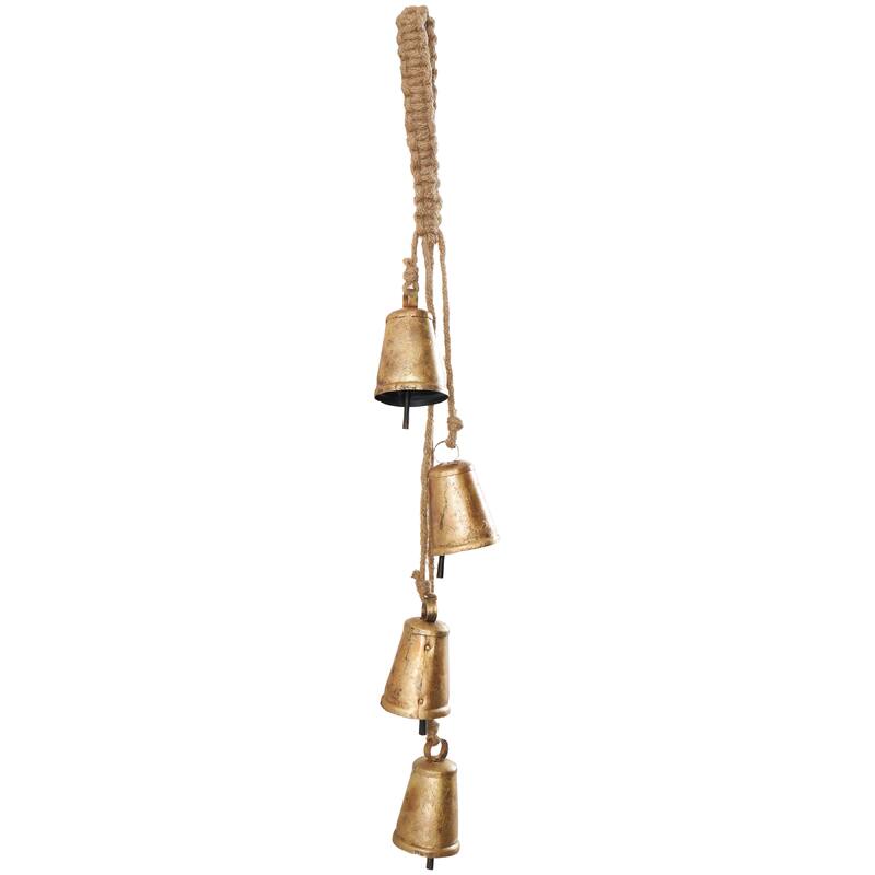 Gold Metal Tibetan Inspired Decorative Cow Bell with Jute Hanging Rope