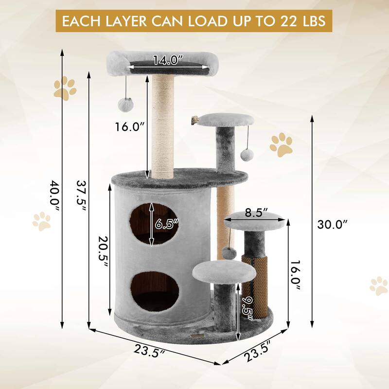 40'' Cat Tree Tower Multi-Level Activity Tree w/ 2-Tier Cat-Hole Condo