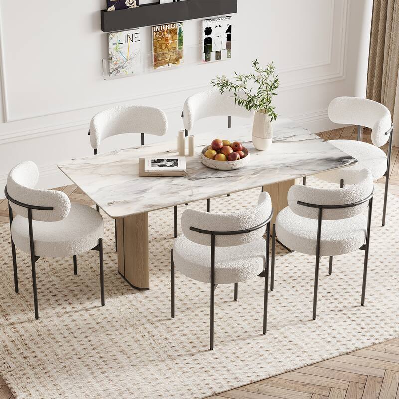 Dining Chairs Set of 4, Mid-Century Modern Kitchen Chair Curved Backrest Round Upholstered Dining Chairs with Metal Legs