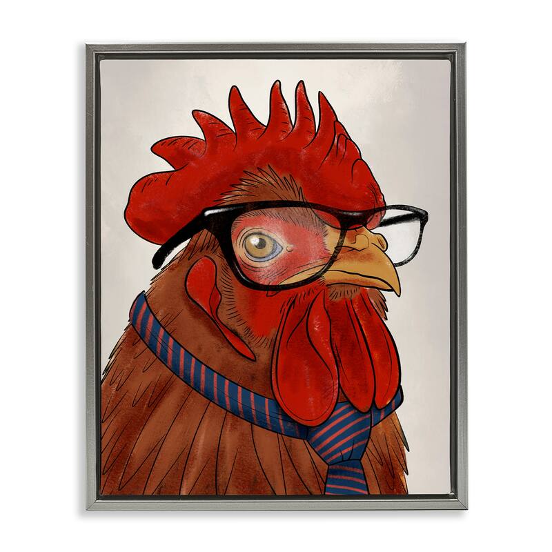 Stupell Trendy Rooster with Tie Framed Floater Canvas Wall Art Design By Marcus Prime - 17 x 21 - Grey