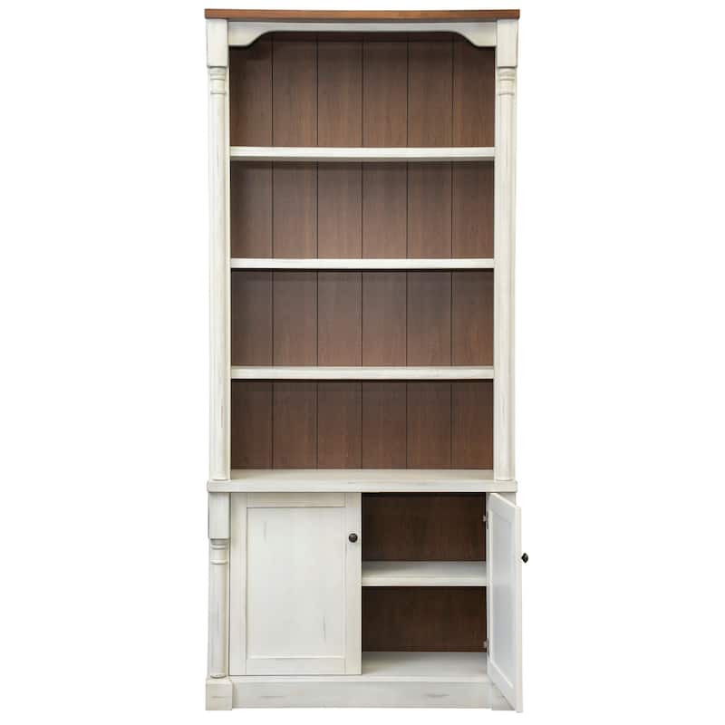 Rustic Wood Bookcase With Doors, Storage Cabinet, White - 42w x 78h x 16d