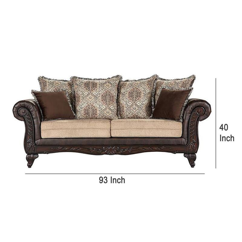 Miva Sofa 93 Inch w Pillows, Classic Rolled Arms, Brown Faux Leather
