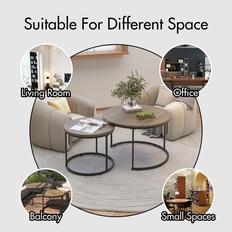 Round Nesting Coffee Table Set of 2 with Marble Pattern Top & Metal Frame