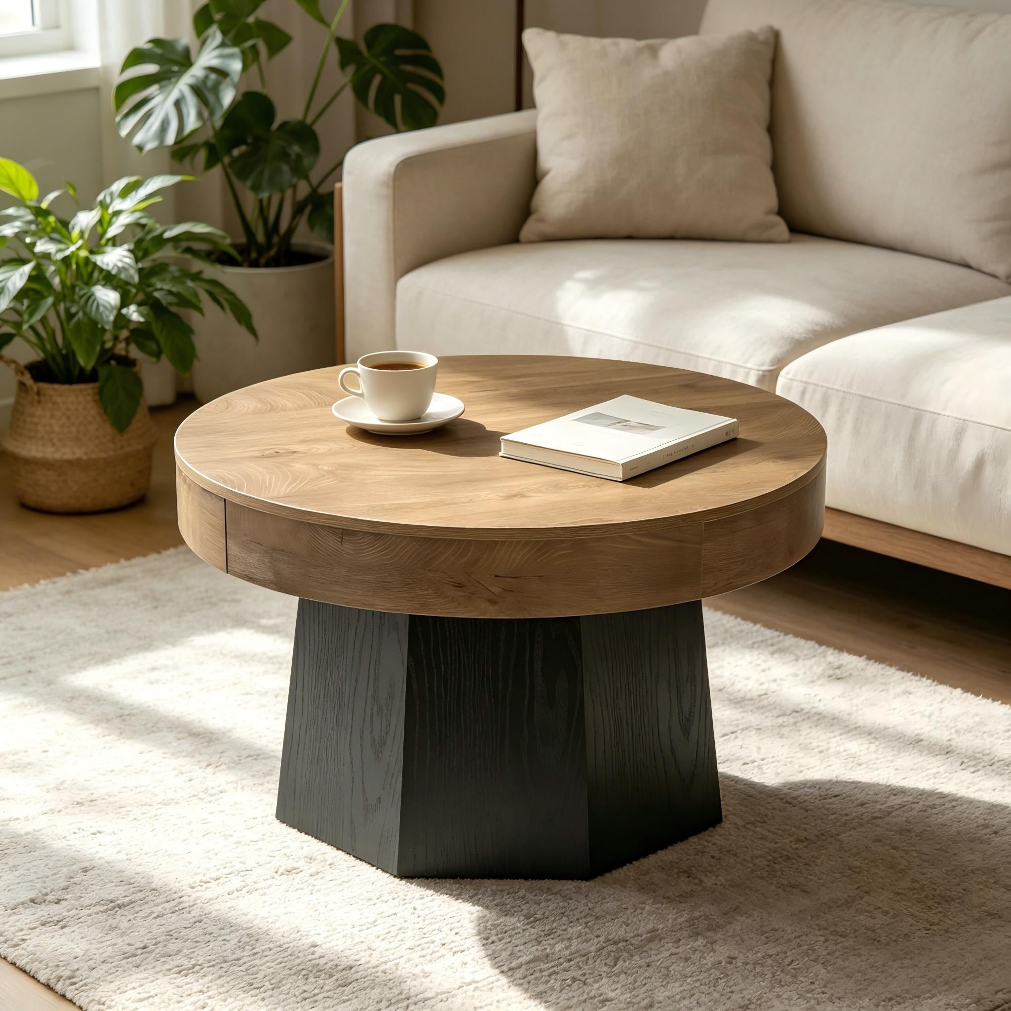 31.5-Inch Round Wood Coffee Table with Polygonal Wooden Base for Living Room