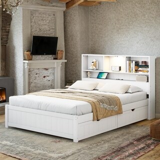 White Twin Size Platform Bed Frame with Bookcase, Built-in Night Light and 2 Drawers