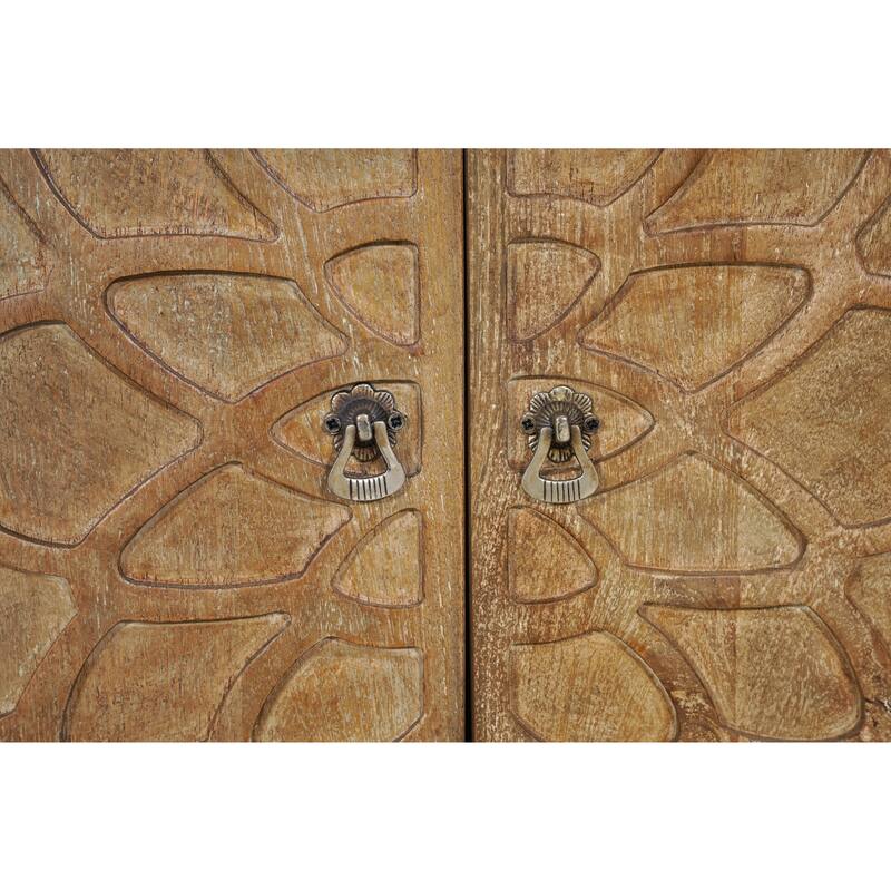 HomeRoots 70" Brown Distressed Solid Wood Carved Floral Sideboard with Four Doors - 70.00 in. x 38.00 in. x 18.00 in.